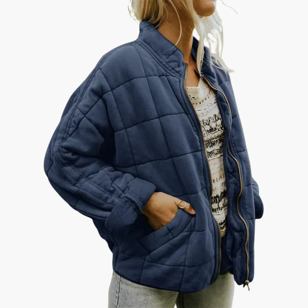 Women's quilted jacket zip closure stand-up collar side pockets elastic hem autumn cozy fit