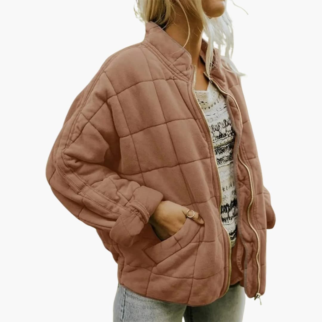 Women's quilted jacket zipper closure stand-up collar elastic hem side pockets autumn cozy fit