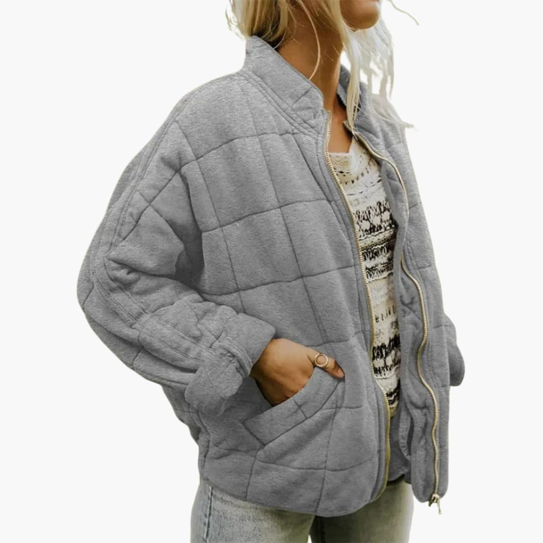 Women's quilted jacket zipper closure stand-up collar elastic hem side pockets autumn cozy fit