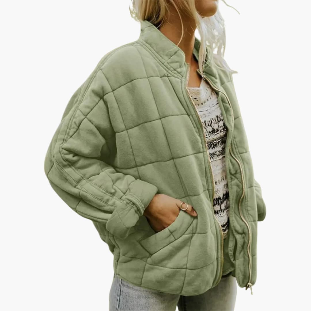 Women's quilted jacket zipper closure stand-up collar side pockets elastic hem autumn cozy fit