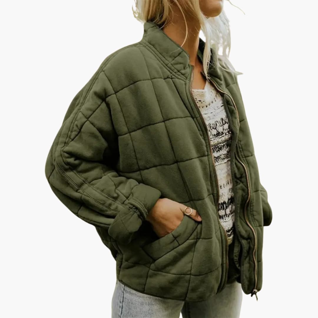 Women's black quilted jacket stand-up collar zip closure elastic hem side pockets autumn cozy fit