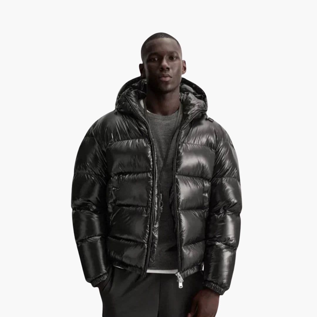 Men's black hooded puffer jacket, insulated thick padded urban winter style cold weather