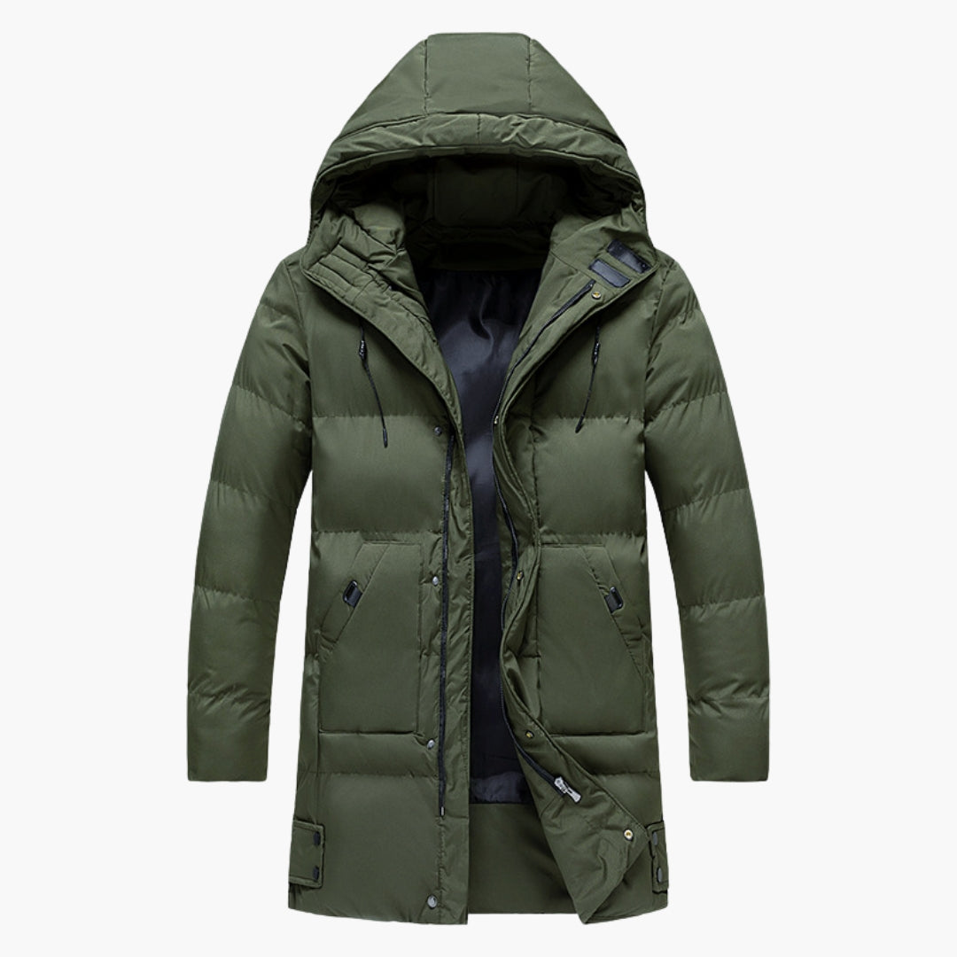 Men's quilted parka jacket with hood, lightweight winter coat with front zipper and side pockets
