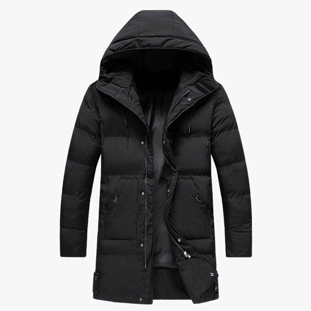 Men's quilted parka jacket with hood, lightweight winter coat with front zipper and side pockets
