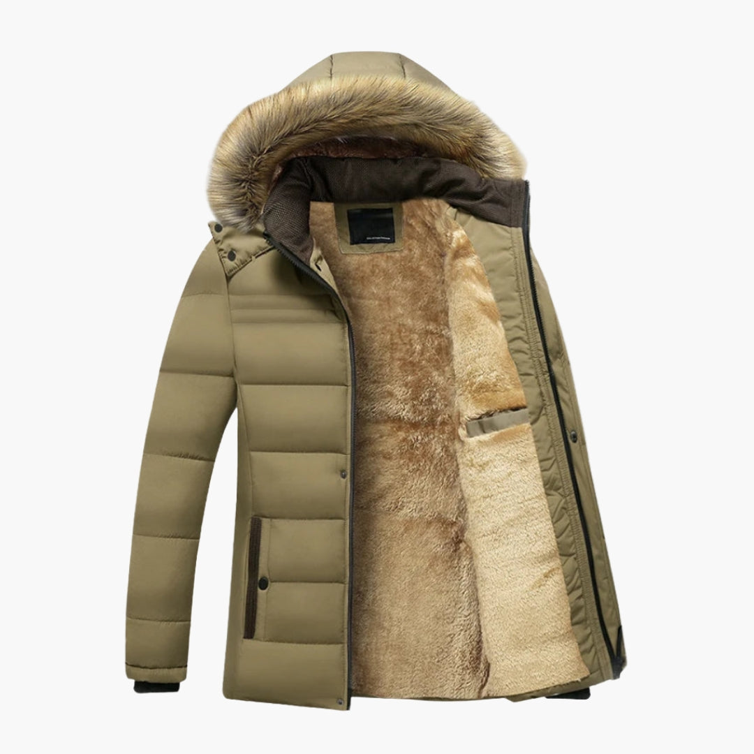 Men's quilted winter parka with faux fur hood trim, full zip closure and side pockets