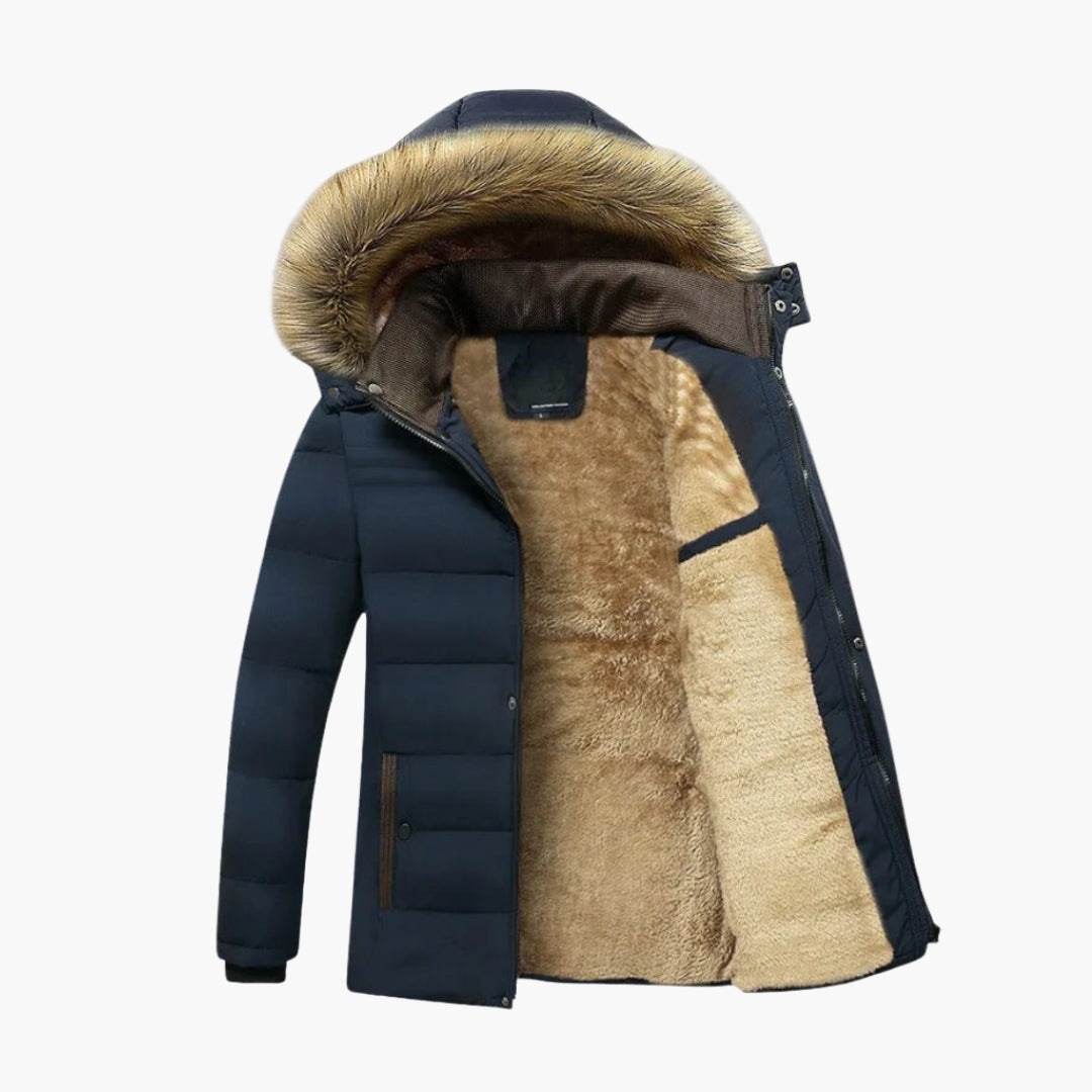 Men's winter parka quilted exterior faux fur hood trim full zip closure with side pockets