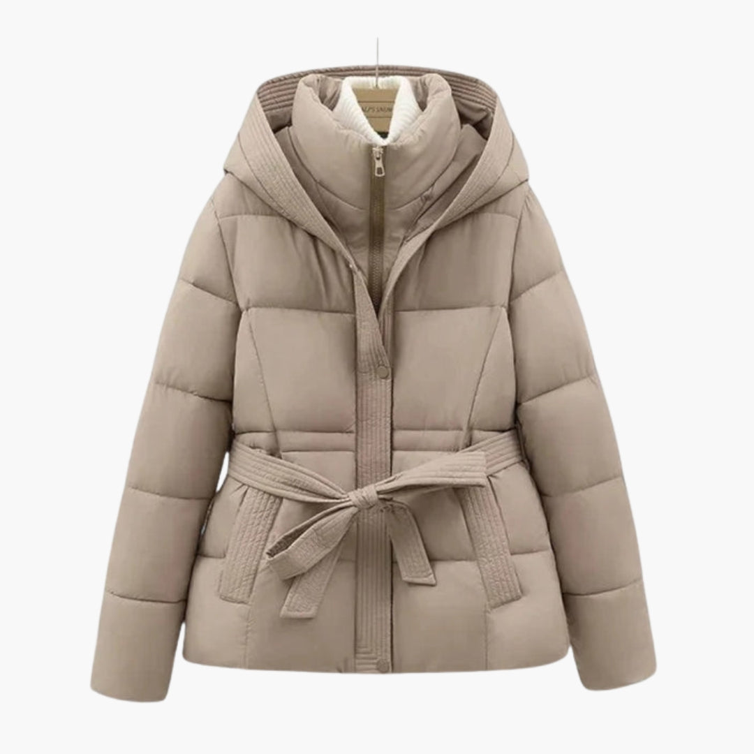 Women's quilted parka jacket belted waist adjustable hood zip closure stand-up collar warm coat