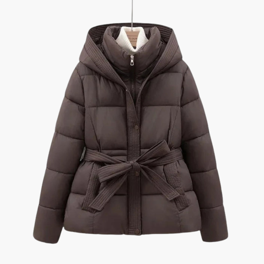 Women's quilted parka jacket belted waist adjustable hood zip closure stand-up collar warm coat