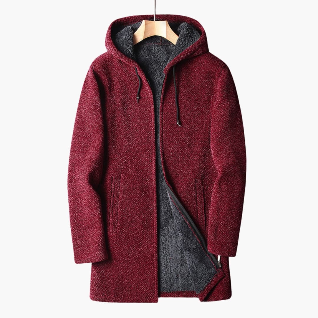 Men's long hooded fleece jacket full zip navy insulated layering cozy everyday outerwear