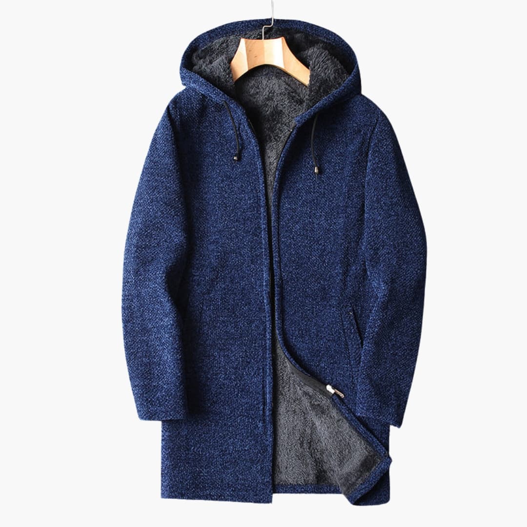 Men's long hooded fleece jacket full zip charcoal gray cozy insulated layering everyday outdoor wear