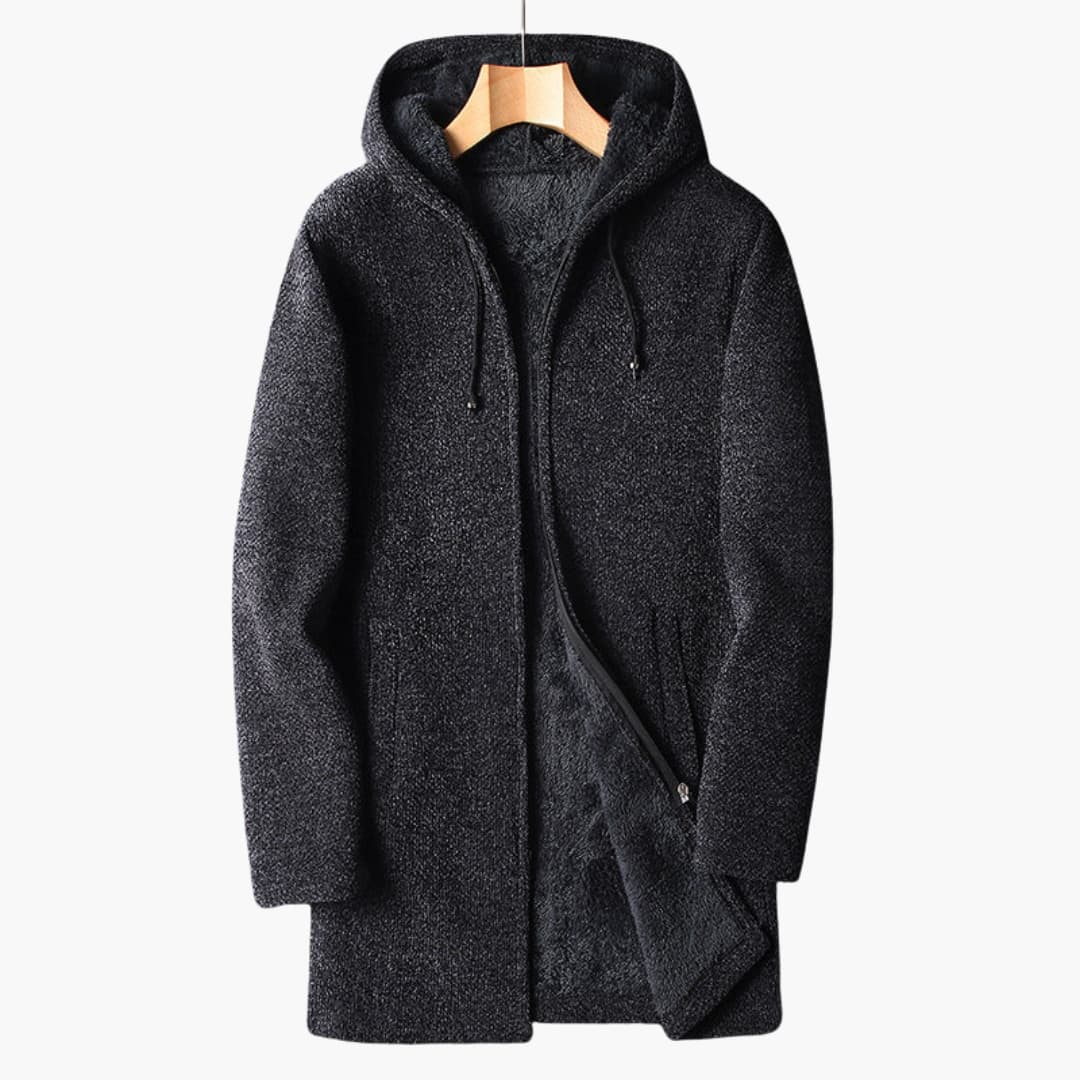 Men's long hooded fleece jacket full zip closure cozy insulated layering outerwear cold weather
