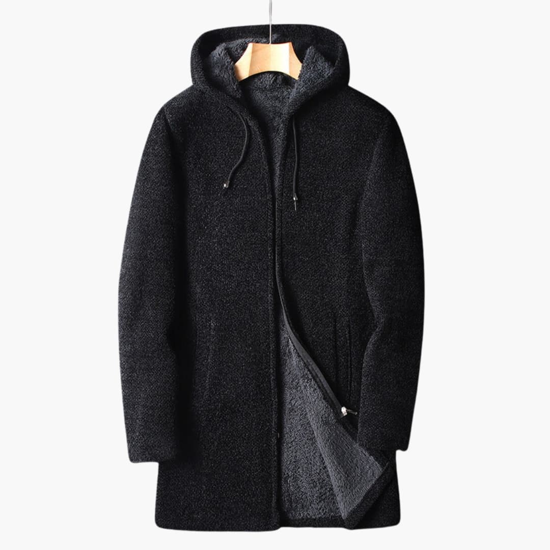 Men's long hooded fleece jacket full-zip charcoal insulated layering coat with drawstring hood