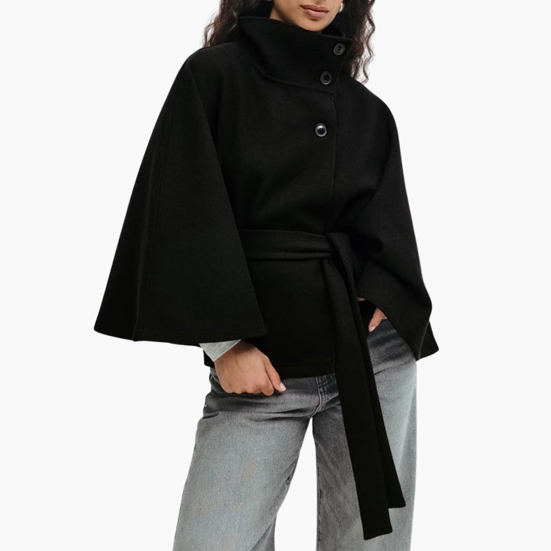Women's wrap jacket with stand-up collar, belted waist, wide sleeves, hip-length chic solid outerwear