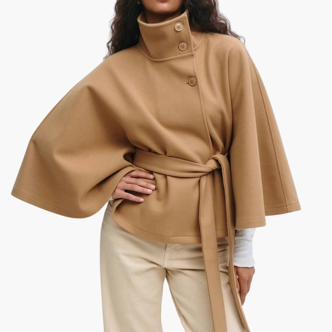 Women's wrap jacket stand-up collar belted waist wide sleeves hip-length chic solid outerwear