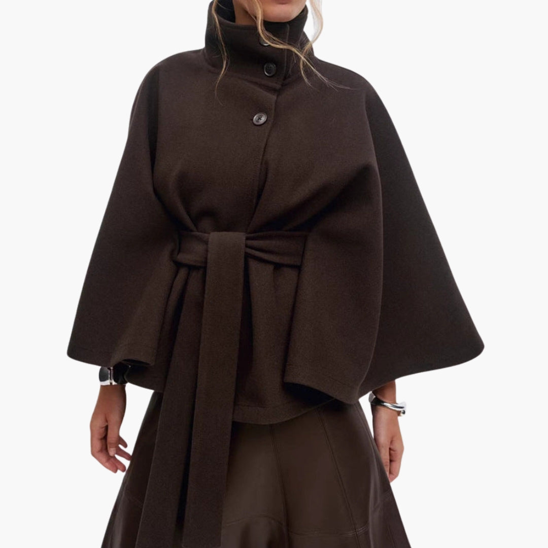 Women's wrap jacket stand-up collar belted waist wide sleeves hip-length chic solid outerwear