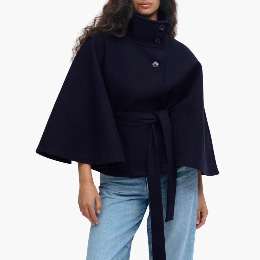 Women's wrap jacket stand-up collar belted waist wide sleeves hip-length chic solid outerwear