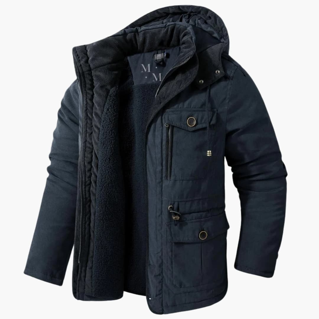 Men's durable hooded jacket with adjustable hood, front zipper, multiple pockets, plain-woven finish