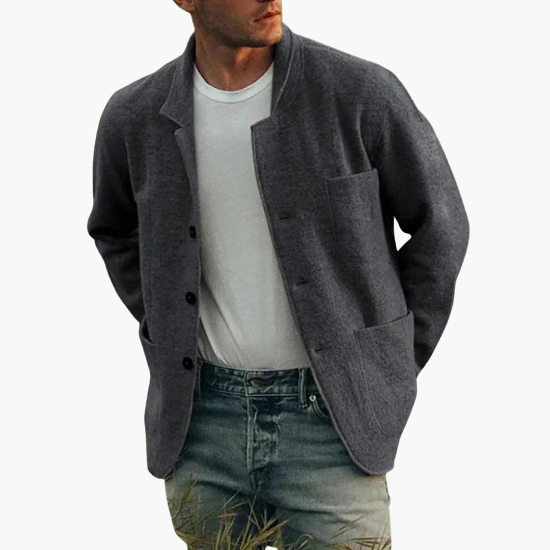Men's straight-cut button-front jacket with structured look and front pockets for versatile layering