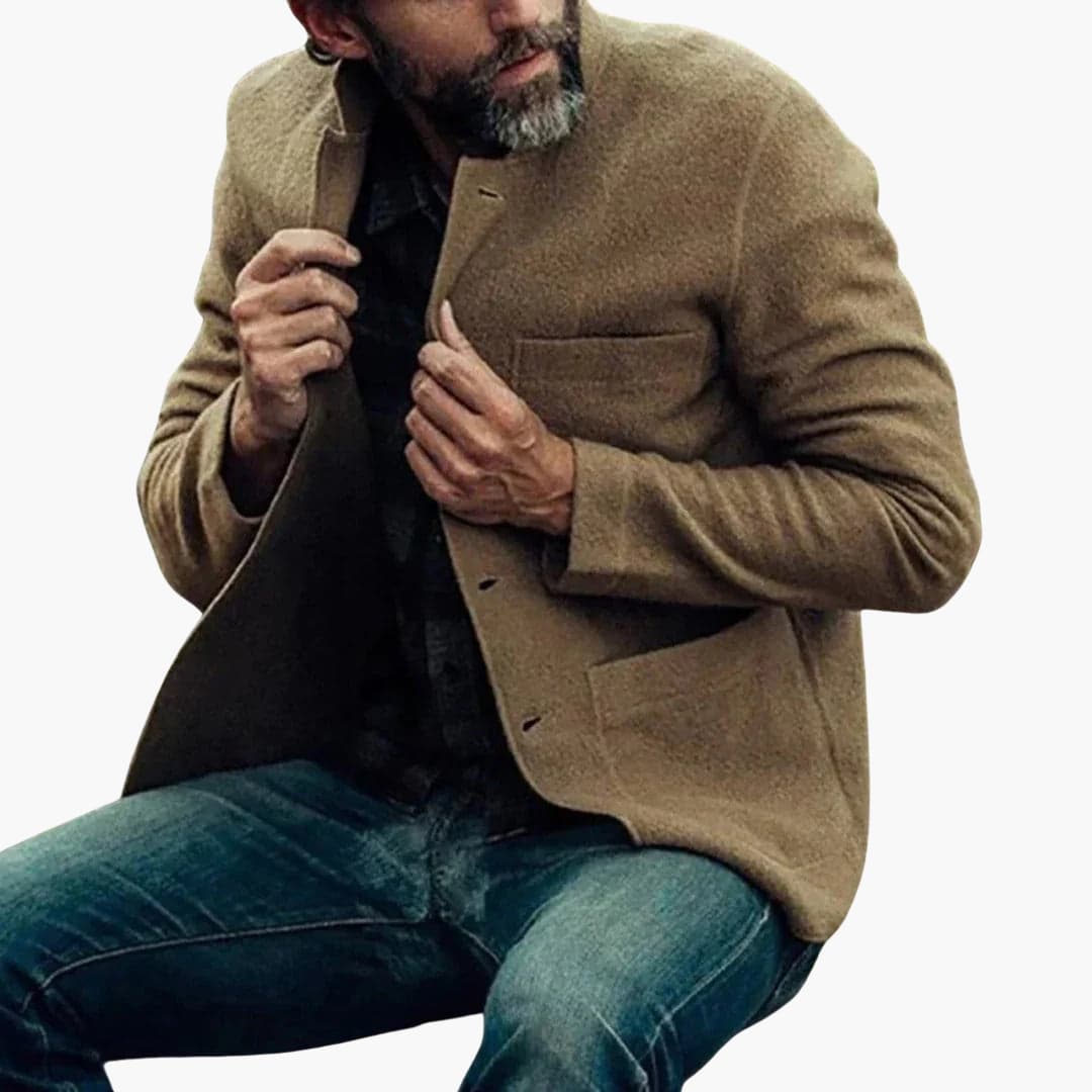 Men's straight-cut button-front jacket with structured look and front pockets for versatile layering