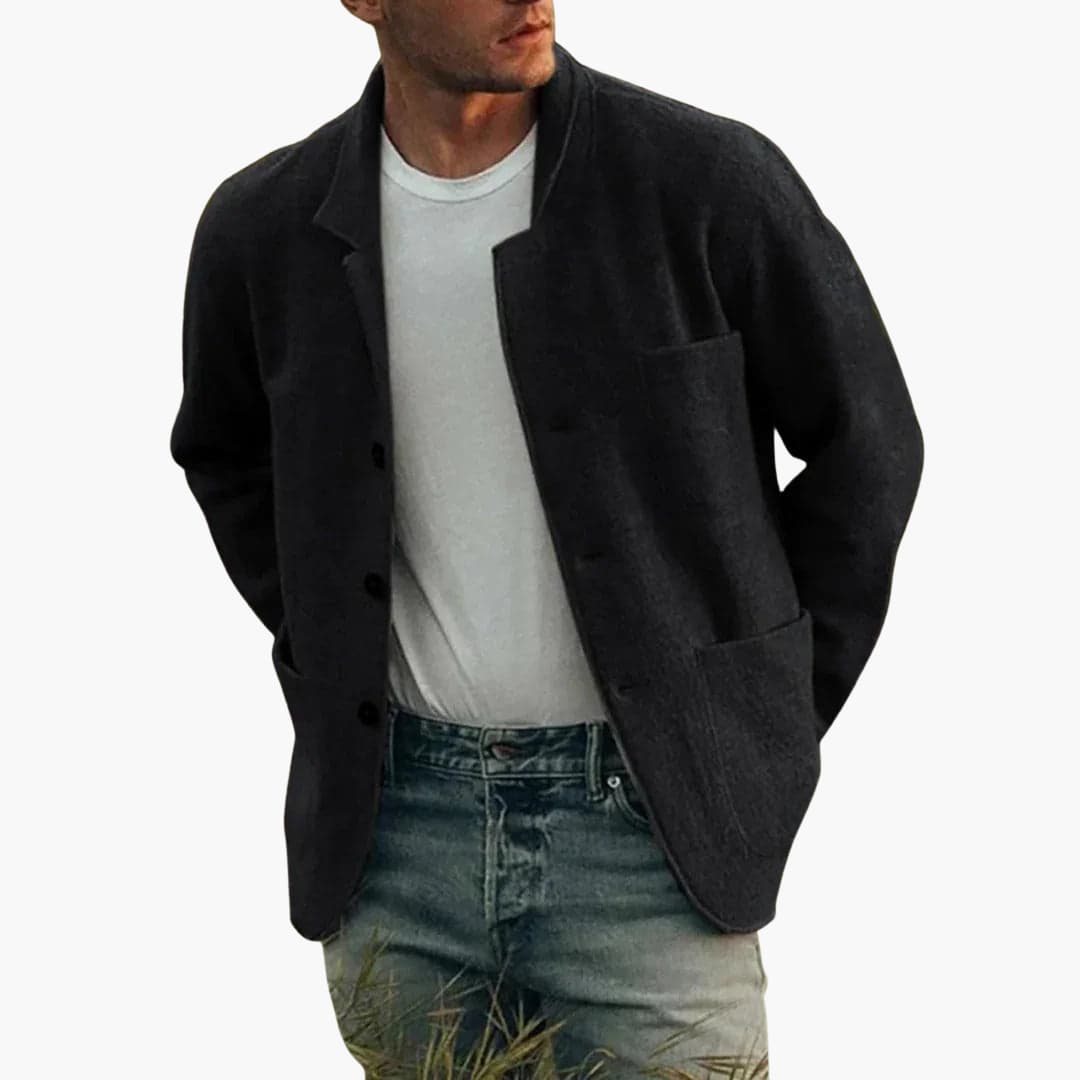 Men's straight-cut button-front jacket with front pockets and structured silhouette