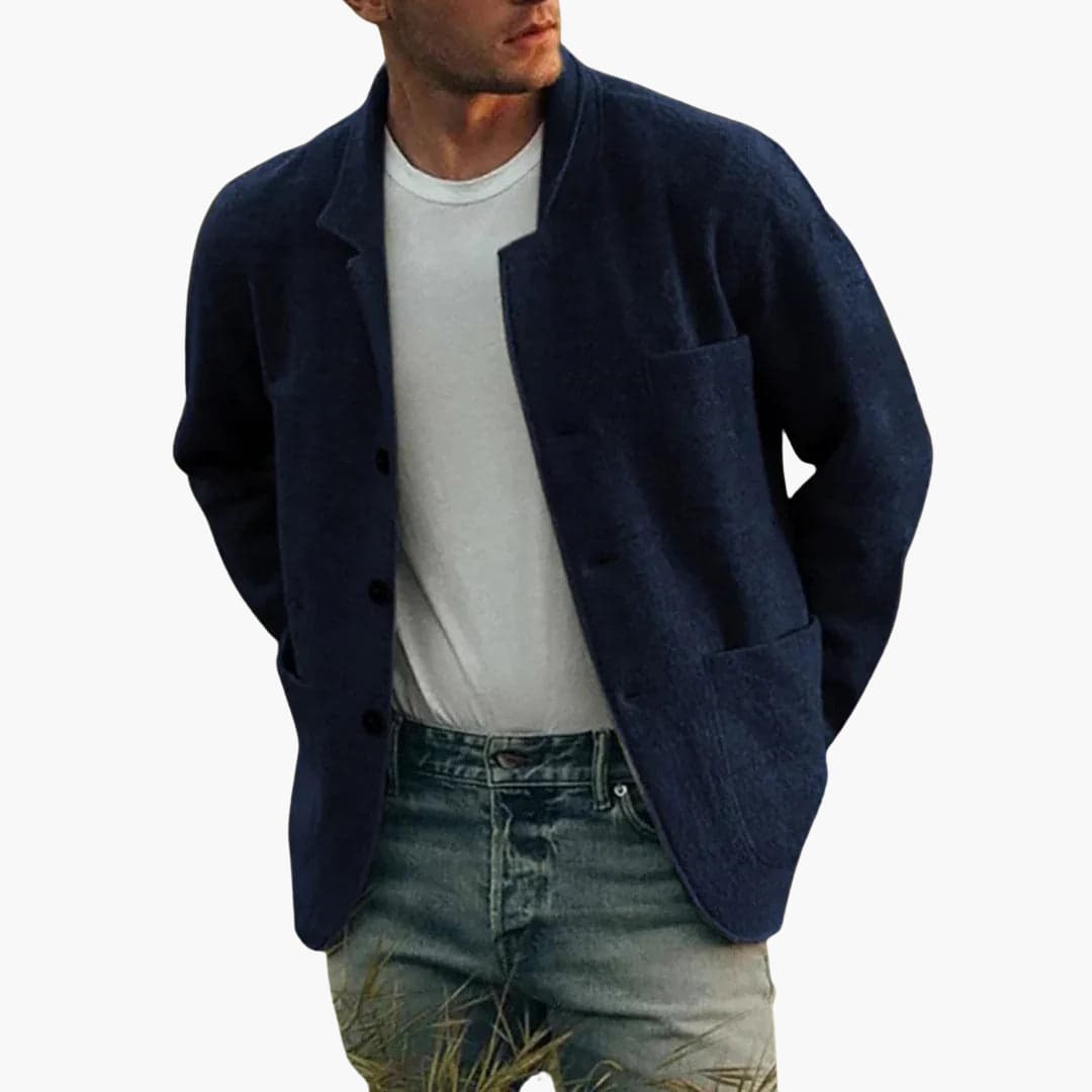 Men's straight-cut button-front jacket with structured look and multiple front pockets