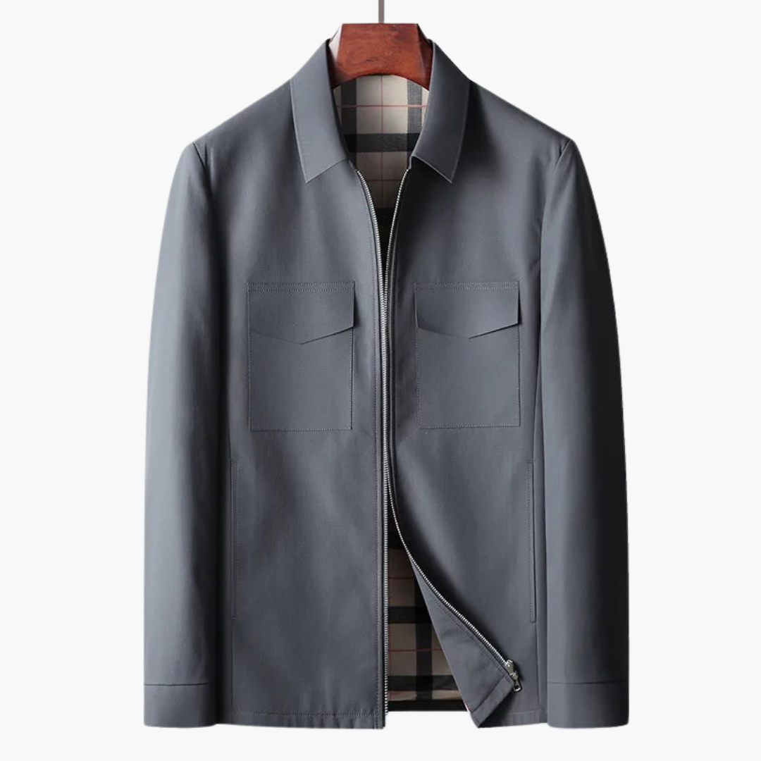 Men's zip-up jacket with shirt collar and checkered lining, smart-casual transitional layer