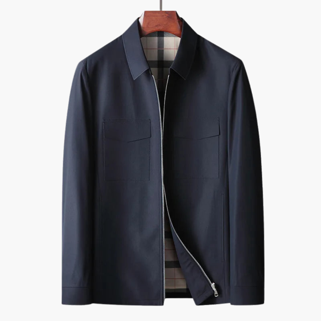 Men's zip-up jacket with shirt collar and checkered lining, smart-casual woven exterior