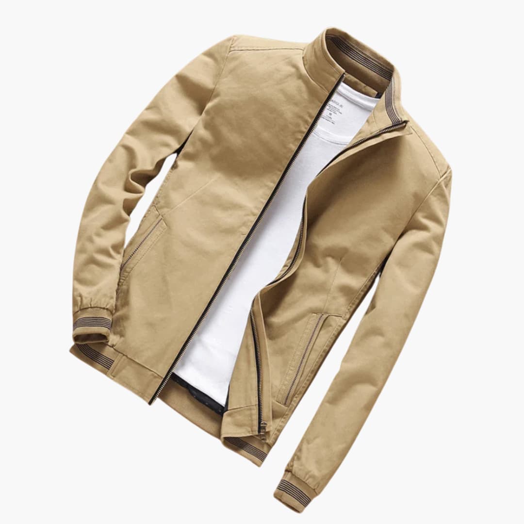 Men's black zip-up jacket with front zipper closure, side pockets, and casual everyday fit