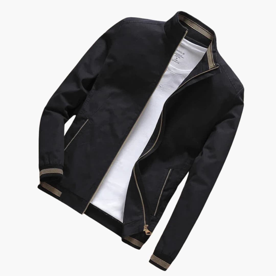 Men's black zip-up jacket with front closure, side pockets, and clean casual fit for layering