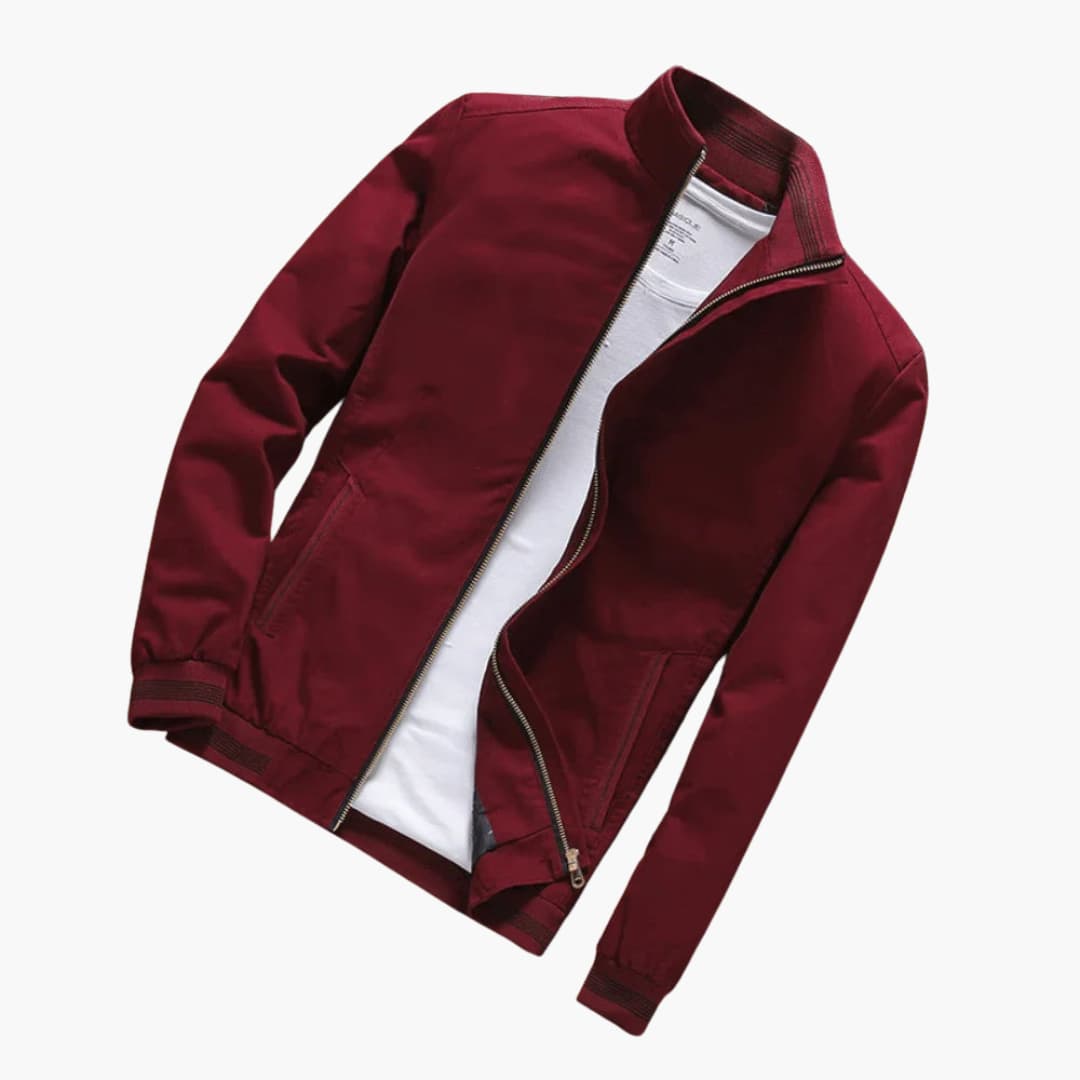 Men's black zip-up jacket with front closure, side pockets, and clean casual fit