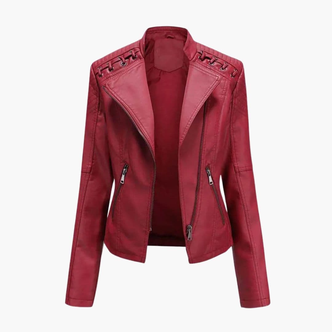 Women's black quilted shoulder jacket asymmetrical zip front decorative lacing zipped pockets