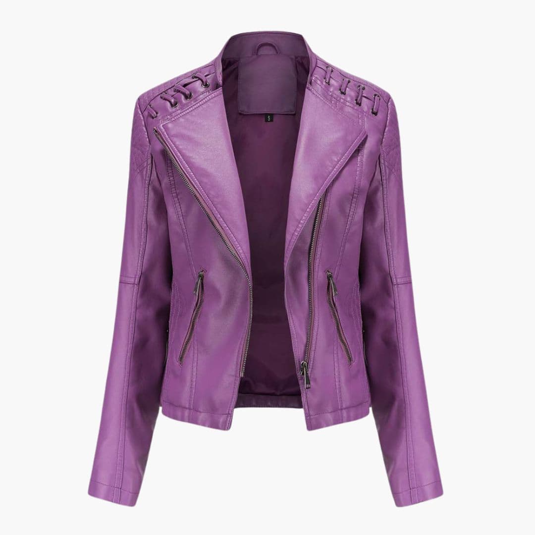 Women's black quilted shoulder jacket asymmetrical zip front chic lacing zipped pockets structured fit