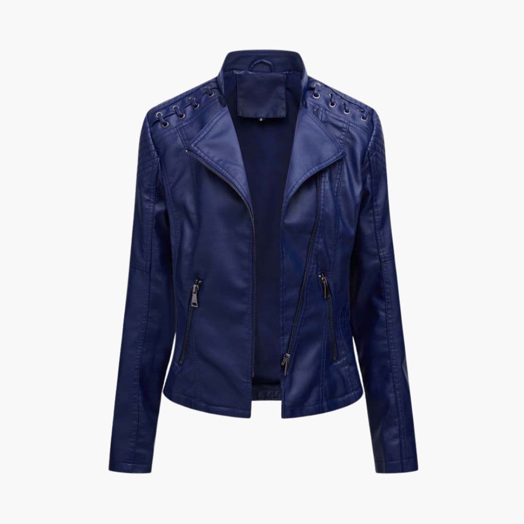 Women's black quilted shoulder jacket asymmetrical zip front decorative lacing zipped pockets