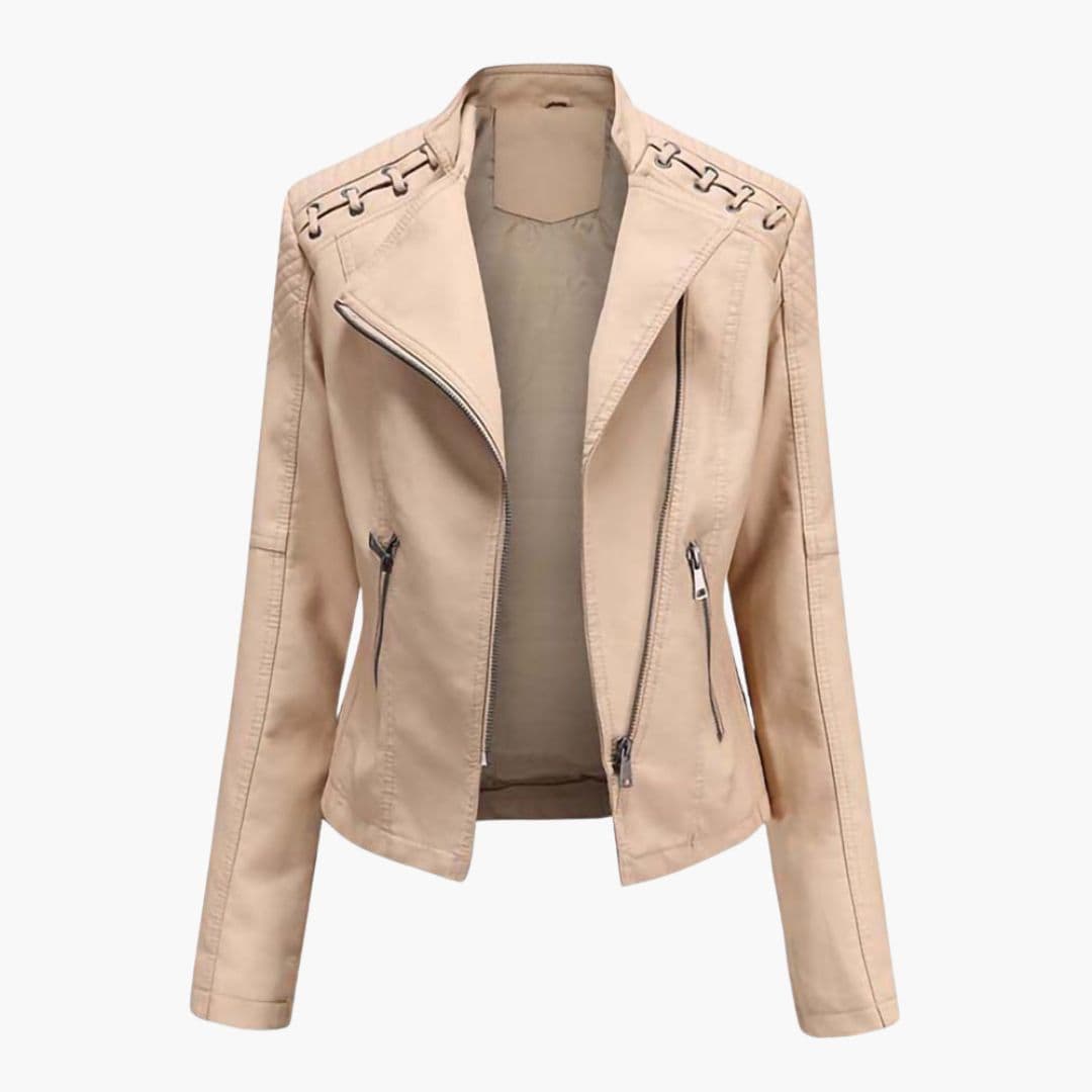 Women's black quilted shoulder jacket asymmetrical zip front chic lacing zipped pockets structured fit