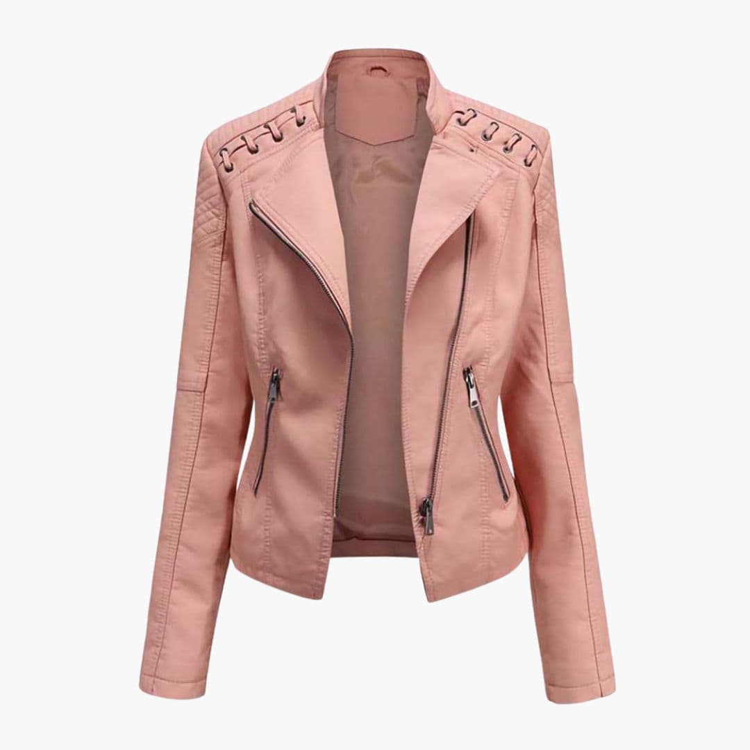 Women's black quilted shoulder jacket asymmetrical zip front chic lacing zipped pockets structured fit