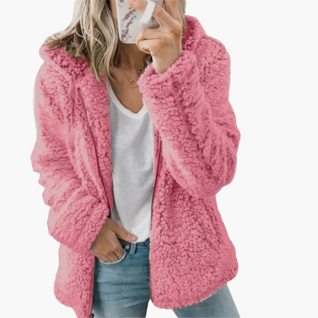 Women's cream teddy hooded jacket plush relaxed-fit loungewear with ultra-soft fleece texture