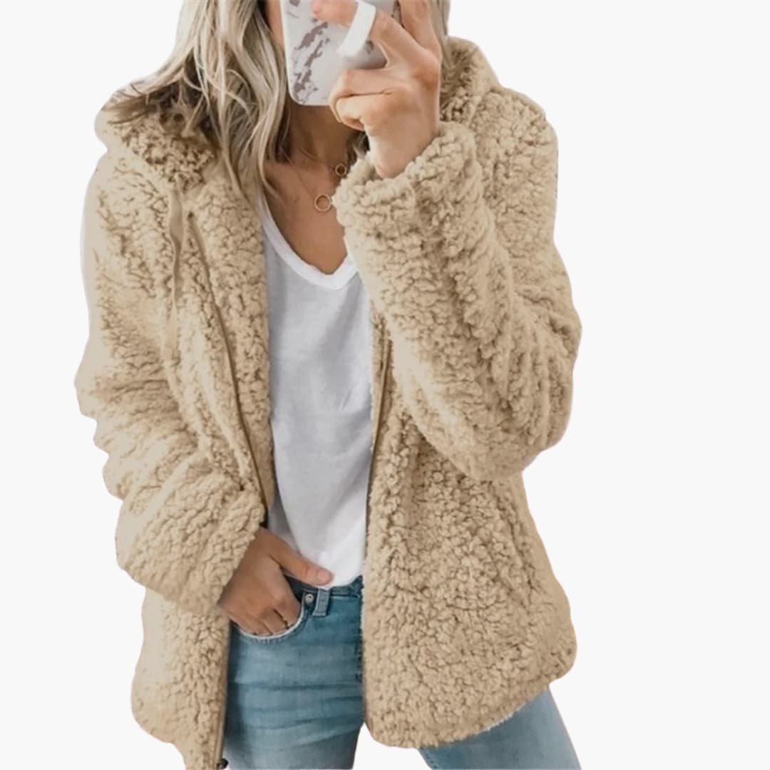 Women's beige plush teddy hooded jacket relaxed silhouette ultra-soft cozy loungewear layer