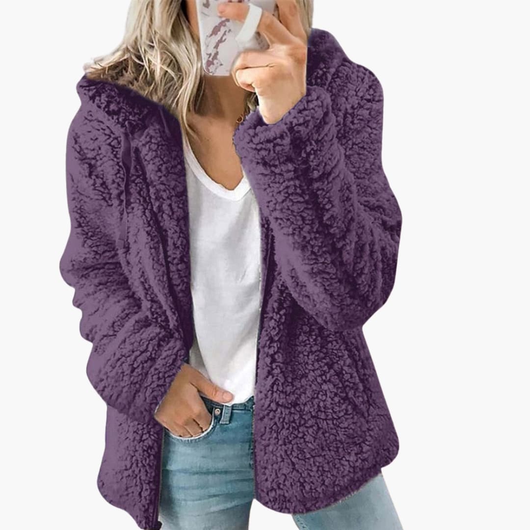 Women's beige plush teddy hooded jacket relaxed fit ultra-soft texture cozy loungewear essential