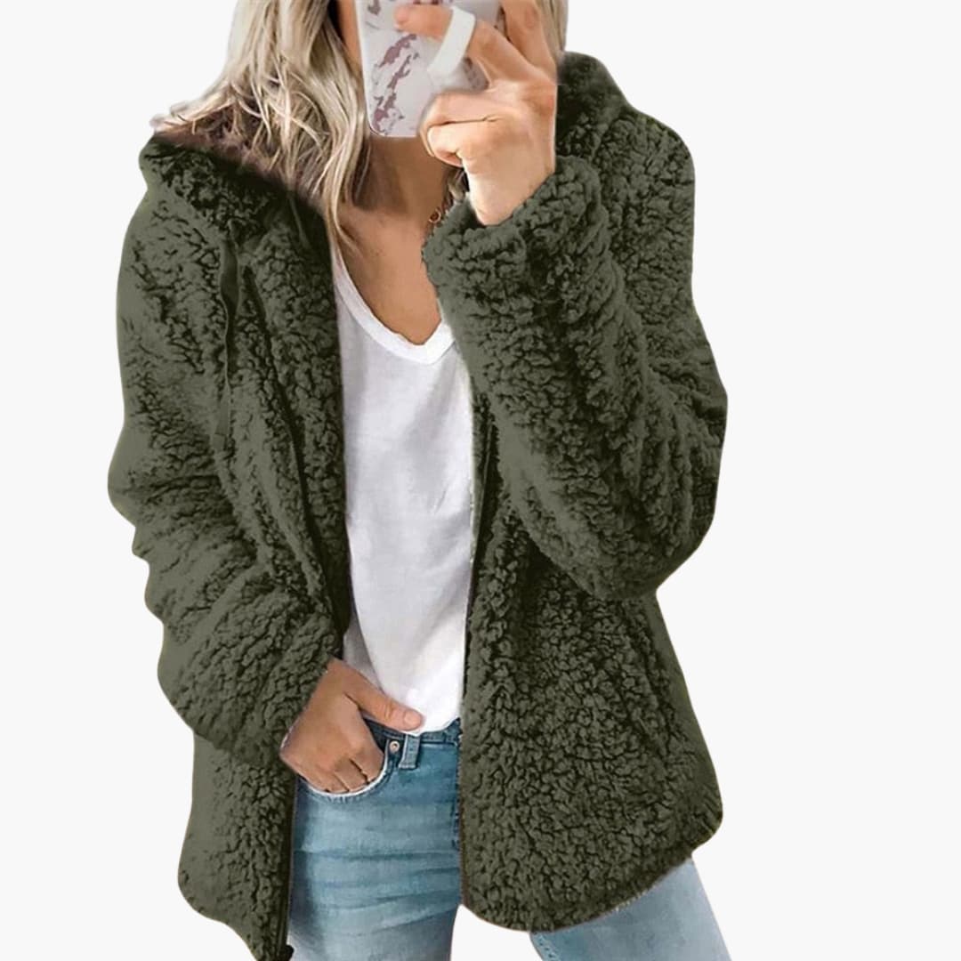 Women's beige plush teddy hooded jacket relaxed silhouette ultra-soft texture cozy loungewear