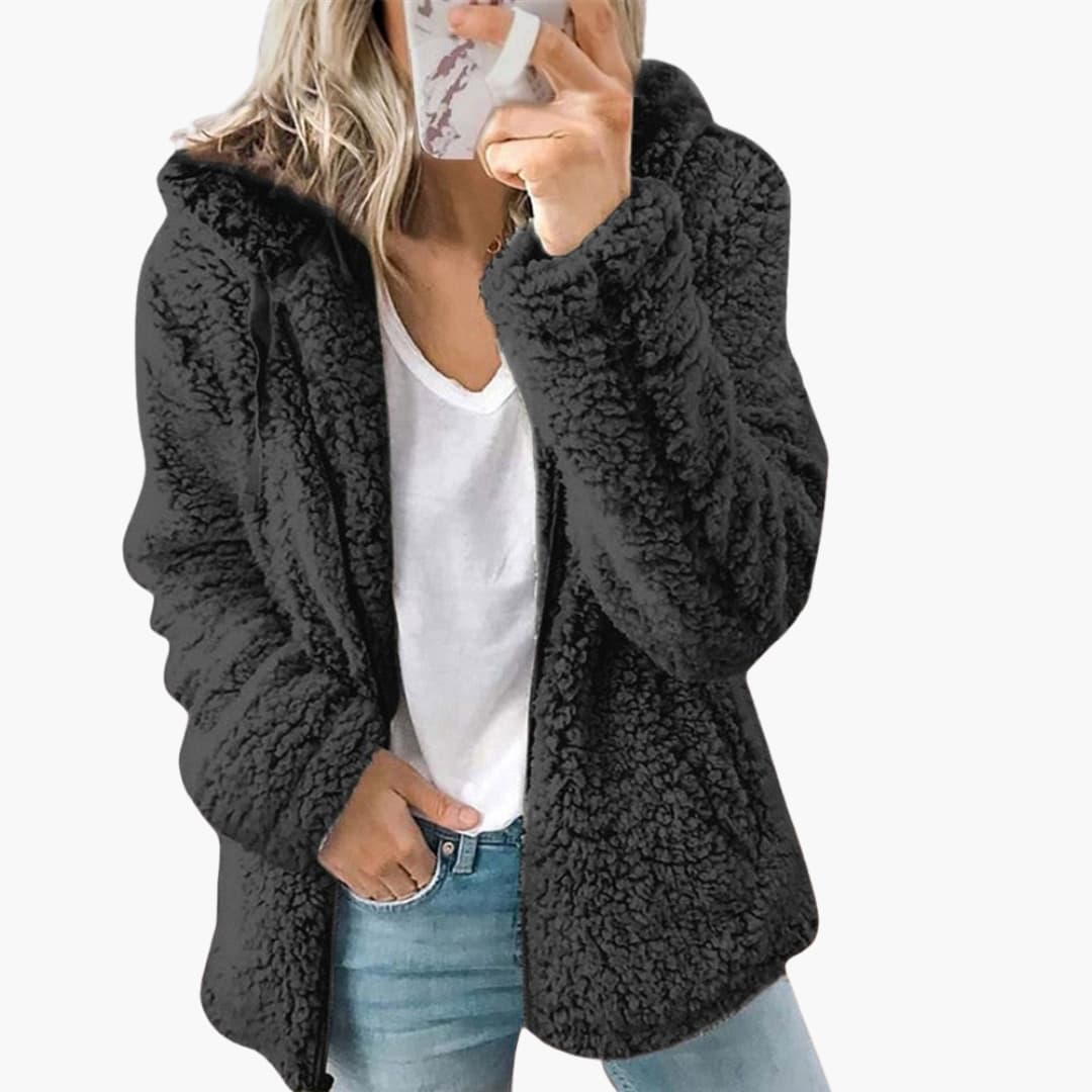 Women's beige plush teddy hooded jacket relaxed fit ultra-soft cozy loungewear everyday comfort