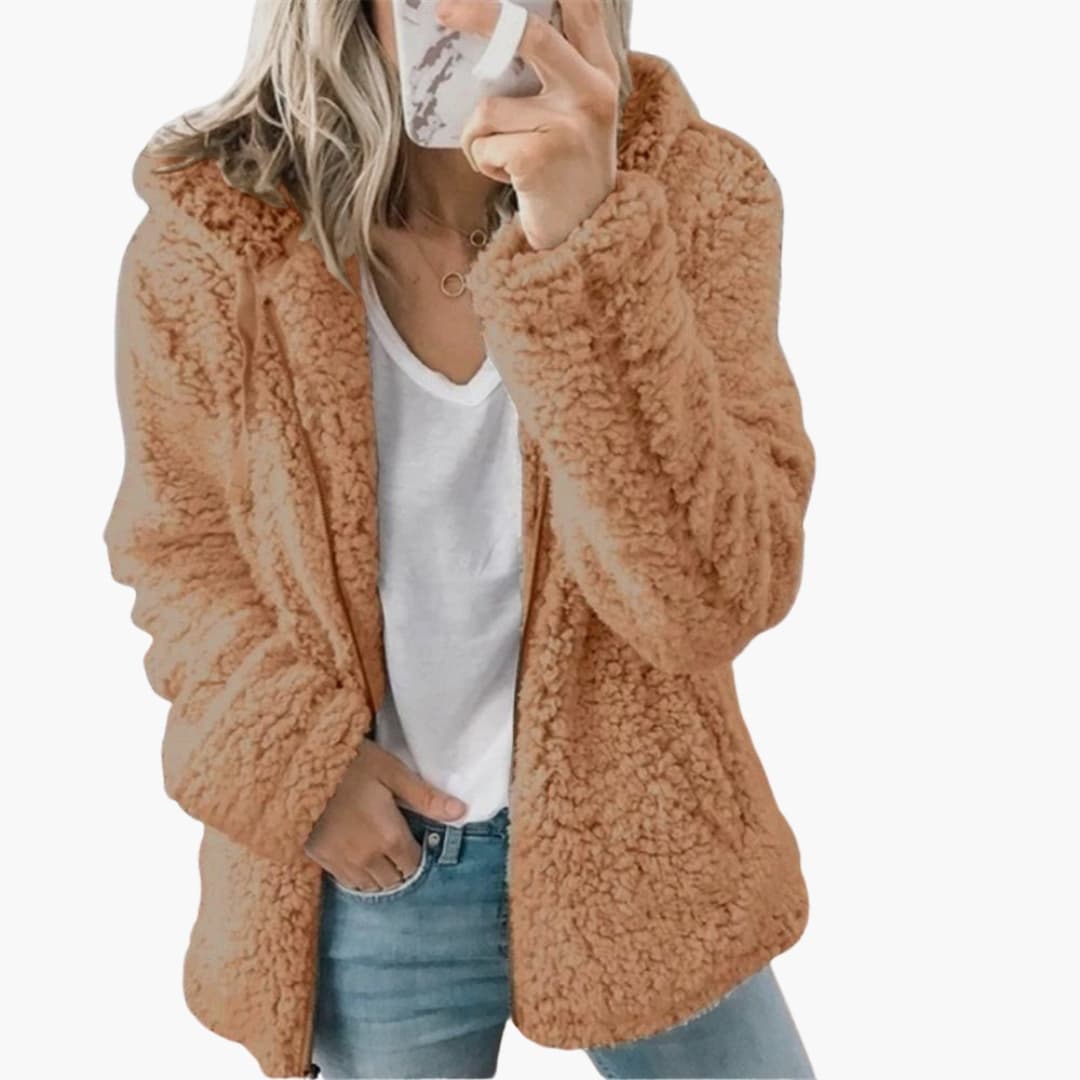 Women's beige plush teddy hooded jacket relaxed silhouette ultra-soft cozy loungewear outer layer
