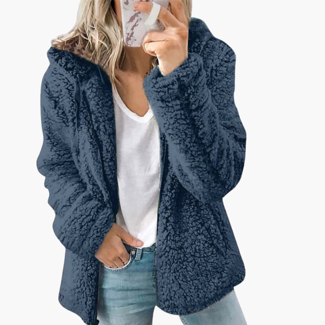 Women's beige plush teddy hooded jacket relaxed fit ultra-soft texture cozy loungewear layer