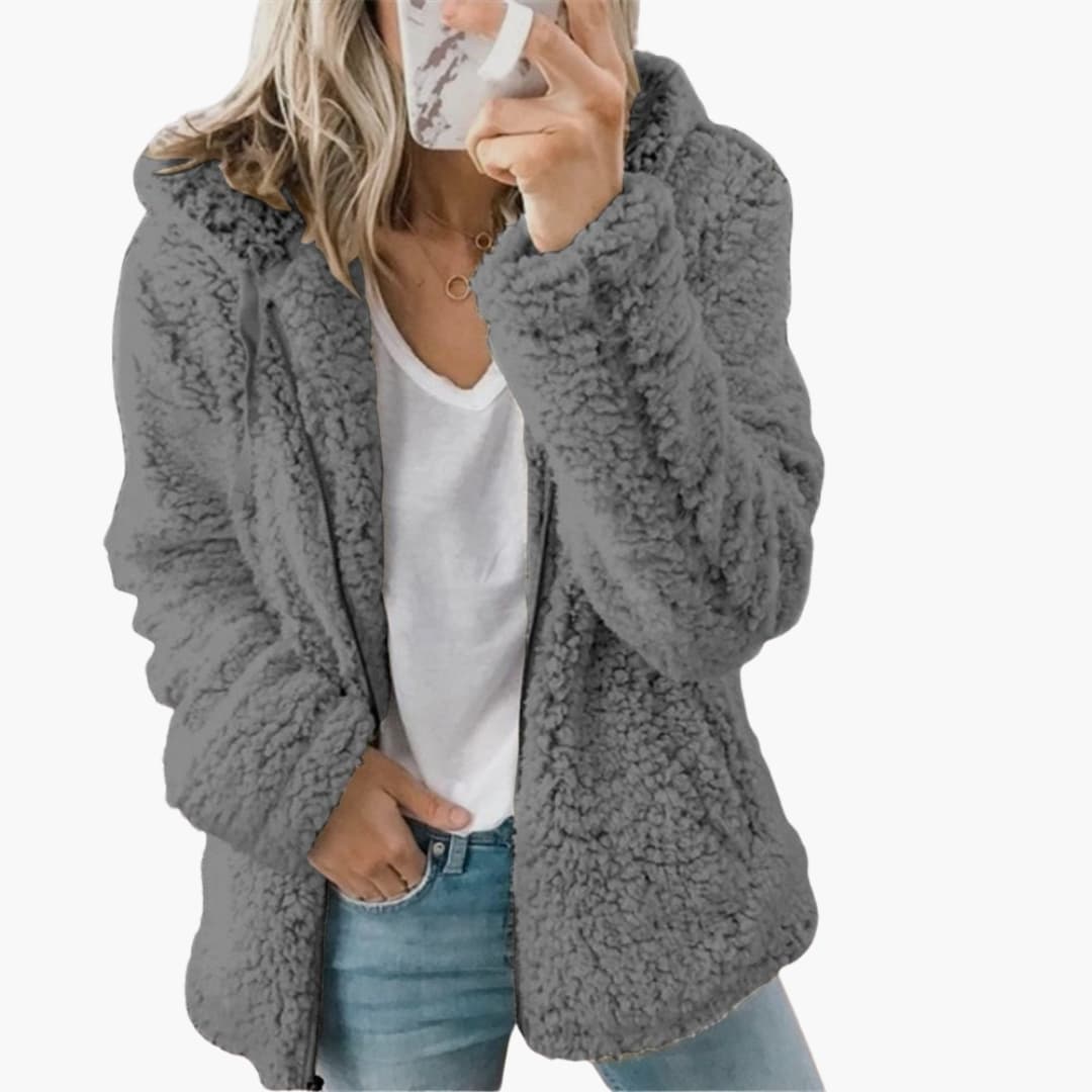 Women's beige plush teddy hooded jacket relaxed silhouette ultra-soft cozy loungewear outer layer