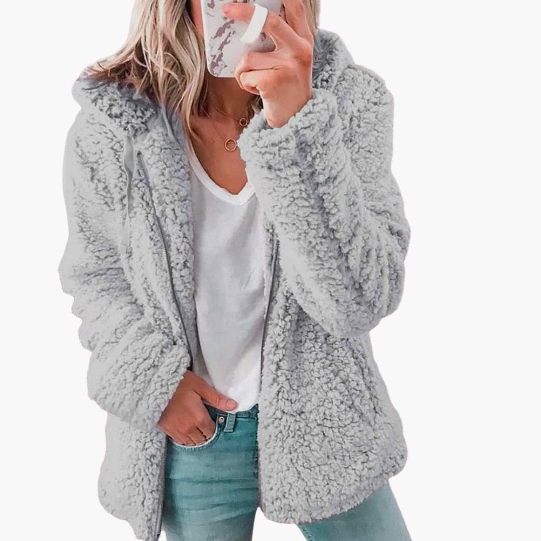 Women's beige plush teddy hooded jacket relaxed silhouette ultra-soft cozy loungewear outer layer