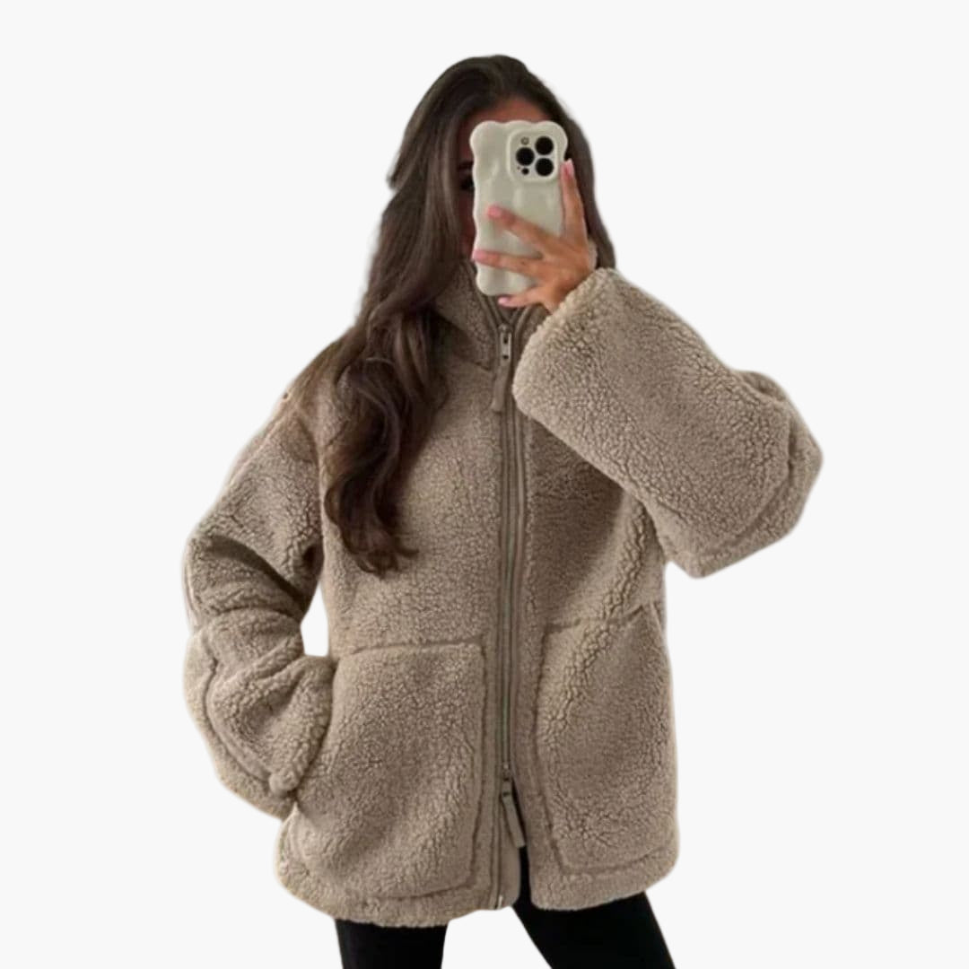Women's plush zip-up jacket stand-up collar front pockets soft textured cozy everyday warmth