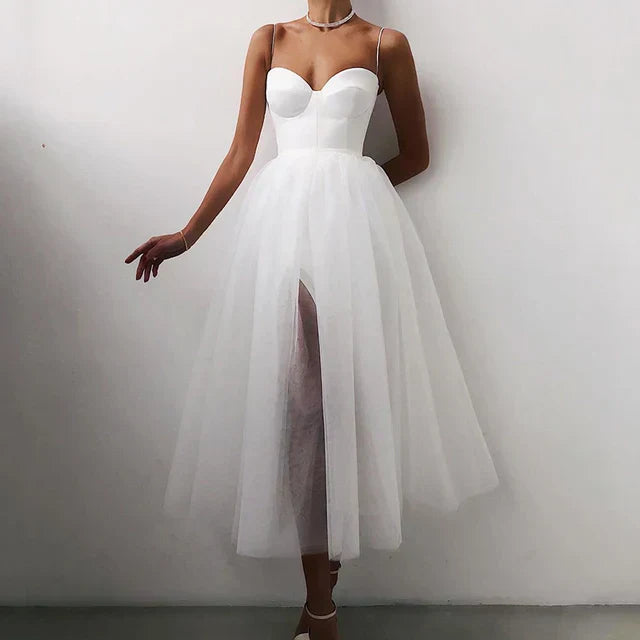 Women's midi dress A-line silhouette dreamy tulle skirt sweetheart neckline elegant formal style