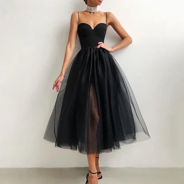 Women's midi dress A-line silhouette dreamy tulle skirt sweetheart neckline elegant formal style