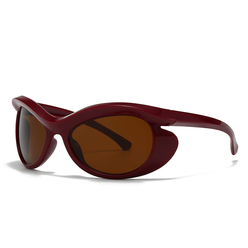 Vibe Eclipse bold oval wraparound sunglasses high-gloss frame dark UV-protective lenses futuristic style
