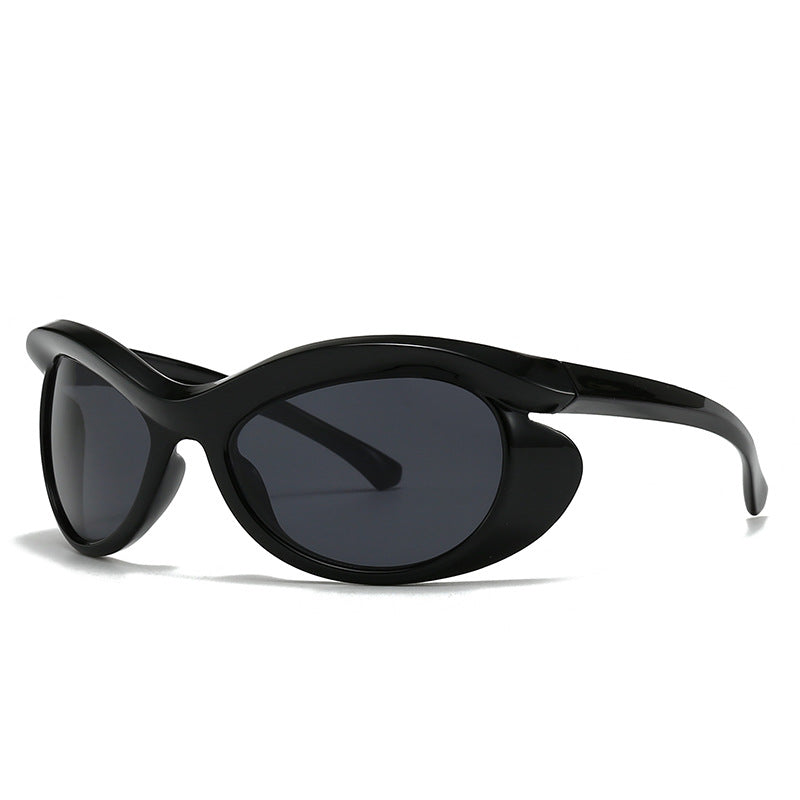 Bold oval wraparound sunglasses high-gloss frame dark UV lenses futuristic statement style