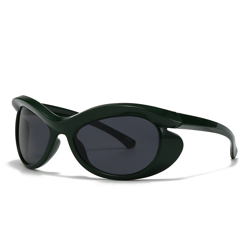 Bold oval high-gloss wraparound sunglasses with dark UV-protective lenses for a futuristic statement look